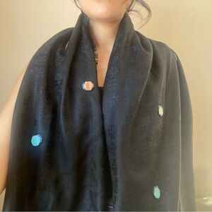 Tory Burch Monogram Black Scarf with Colorful Sequin Accents